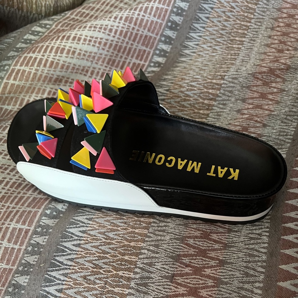 Slides with multiple color on top. Runs a little big Never been worn and in box